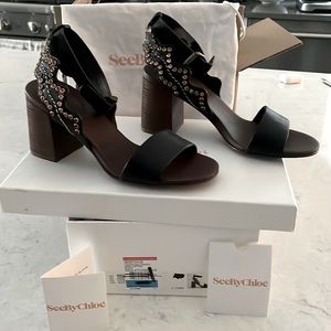 SeeByChloe Black Sandal NEVER WORN Rhinestones on Side, Dust bag, original box!